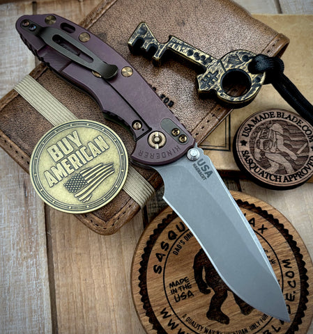 High Res Battle Purple Hinderer XM-18 3.5" Recurve Non-flipper OD Green G10 Customized Working Finish Ti Working Finish Magnacut Blade and Bronzed Out HW