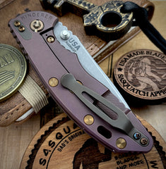 High Res Battle Purple Hinderer XM-18 3.5" Recurve Non-flipper OD Green G10 Customized Working Finish Ti Working Finish Magnacut Blade and Bronzed Out HW