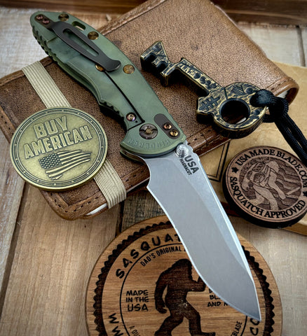 Battle Green Hinderer XM-18 3.5" Recurve Non-flipper Black G10 Customized Working Finish Ti Stonewashed Magnacut Blade and Bronzed Out HW