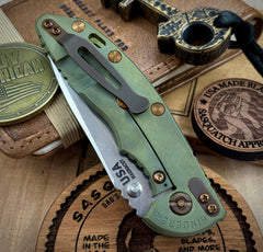 Battle Green Hinderer XM-18 3.5" Recurve Non-flipper Black G10 Customized Working Finish Ti Stonewashed Magnacut Blade and Bronzed Out HW
