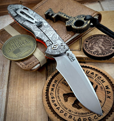 Topo  Hinderer XM-18 3.5" Recurve Non-flipper Orange G10 Custom Stonewashed Ti Stonewashed Finish Magnacut Blade and Squatched Clip