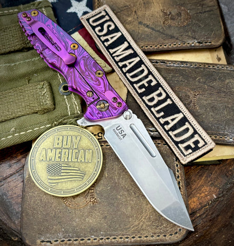 Toxic Purple Anomascus Hinderer Eklipse 3.5" Skinny Fullered Harpoon Spanto OD Green G10 Anodized Stonewash Ti Stonewashed Magnacut Blade with bronzed out hardware