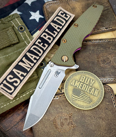 Toxic Purple Anomascus Hinderer Eklipse 3.5" Skinny Fullered Harpoon Spanto OD Green G10 Anodized Stonewash Ti Stonewashed Magnacut Blade with bronzed out hardware