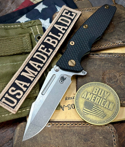 Ammo Can Green Hinderer Eklipse 3.5" Skinny Fullered Harpoon Spanto Black G10 Anodized Working Finish Ti Stonewashed Magnacut Blade with bronzed out hardware