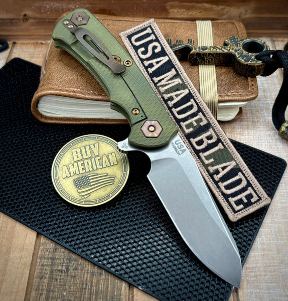 Battle Green Project X Sheepsfoot Black G10 Customized Working Finish Ti with Stonewashed Magnacut Blade and Bronzed Out HW