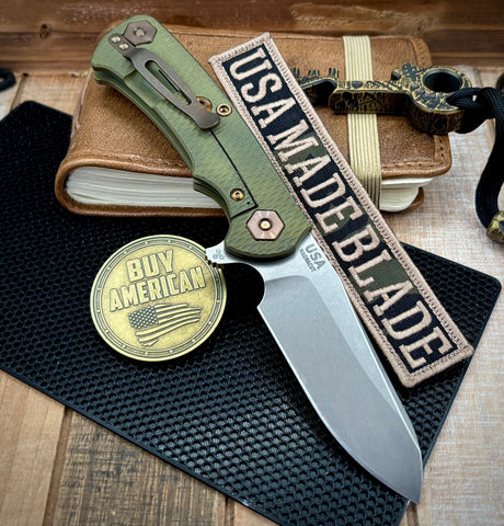 Battle Green Project X Sheepsfoot OD Green G10 Customized Working Finish Ti with Stonewashed Magnacut Blade and Bronzed Out HW