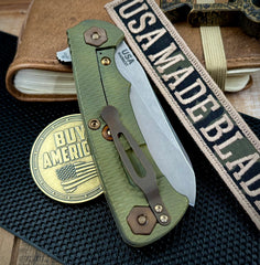 Battle Green Project X Sheepsfoot Black G10 Customized Working Finish Ti with Stonewashed Magnacut Blade and Bronzed Out HW