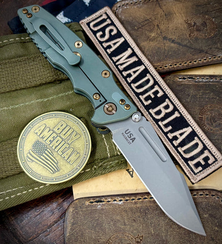 Ammo Can Green Hinderer Eklipse 3.5" Non-Flipper Skinny Fullered Harpoon Spanto Blue/Black G10 Anodized Working Finish Ti Working FInish Magnacut Blade