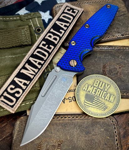Ammo Can Green Hinderer Eklipse 3.5" Non-Flipper Skinny Fullered Harpoon Spanto Blue/Black G10 Anodized Working Finish Ti Working FInish Magnacut Blade