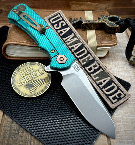High Res Green Project X Sheepsfoot Translucent Green G10 Customized Stonewashed Ti with Stonewashed Magnacut Blade and Bronzed Out HW