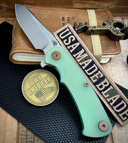 High Res Green Project X Sheepsfoot Translucent Green G10 Customized Stonewashed Ti with Stonewashed Magnacut Blade and Bronzed Out HW