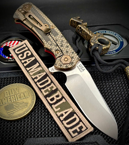 Battle Stars & Stripes Project X Sheepsfoot Red G10 Customized Bronze Ti with Stonewashed Magnacut Blade and Bronzed Out HW