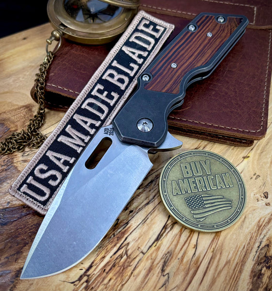 A2D Mark 1  Flipper Large Stonewashed Drop Point Rising Grind Magnacut Blade Desert Ironwood Inlay with Blackened Ti on Washers