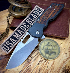 A2D Mark 1  Flipper Large Stonewashed Drop Point Rising Grind Magnacut Blade Desert Ironwood Inlay with Blackened Ti on Washers