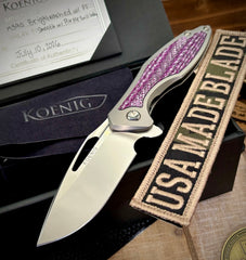 Koenig Mini Arius with M390 Purple Twill Inlay Brightwash Blade with Polished Flats and Silver Ti Hardware
