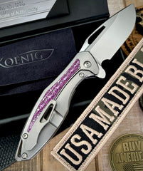 Koenig Mini Arius with M390 Purple Twill Inlay Brightwash Blade with Polished Flats and Silver Ti Hardware