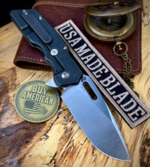 A2D Mark 1  Flipper Large Stonewashed Drop Point Rising Grind Magnacut Blade Desert Ironwood Inlay with Blackened Ti on Washers