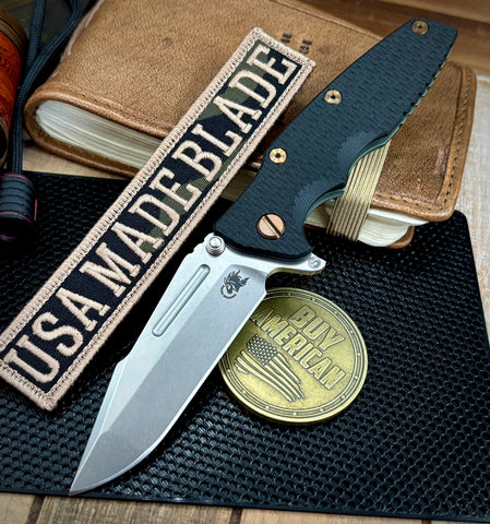 Ammo Can Green Hinderer Eklipse 3.5" Skinny Fullered Harpoon Spanto Black G10 Anodized Working Finish Ti Stonewashed Magnacut Blade with bronzed out hardware