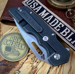 A2D Mark 1  Flipper Large Stonewashed Drop Point Rising Grind Magnacut Blade Desert Ironwood Inlay with Blackened Ti on Washers