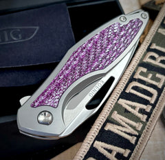 Koenig Mini Arius with M390 Purple Twill Inlay Brightwash Blade with Polished Flats and Silver Ti Hardware