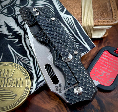 A2D Mark 1 Flipper Medium Stonewashed Batwing Grind Magnacut Blade Contoured Divot Milled Blackwashed Ti on Bearing