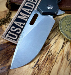 A2D Mark 1  Flipper Large Stonewashed Drop Point Rising Grind Magnacut Blade Desert Ironwood Inlay with Blackened Ti on Washers