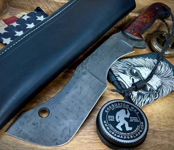 T.M. Hunt Full Custom M18 #687 with Brown Curly Maple Handle with Black Custom Leather Sheath and Forced Patina O1