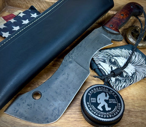 T.M. Hunt Full Custom M18 #687 with Brown Curly Maple Handle with Black Custom Leather Sheath and Forced Patina O1