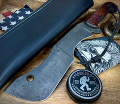 T.M. Hunt Full Custom M18 #687 with Brown Curly Maple Handle with Black Custom Leather Sheath and Forced Patina O1