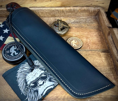 T.M. Hunt Full Custom M18 #687 with Brown Curly Maple Handle with Black Custom Leather Sheath and Forced Patina O1