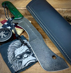 T.M. Hunt Full Custom M18 #688 with Green Curly Maple Handle with Black Custom Leather Sheath and Forced Patina O1