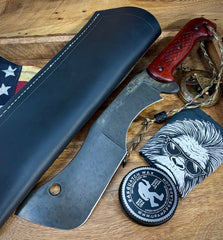 T.M. Hunt Full Custom M18 #689 with Padauk Rifle Patterned Handle with Black Custom Leather Sheath and Forced Patina O1