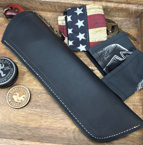 T.M. Hunt Full Custom M18 #689 with Padauk Rifle Patterned Handle with Black Custom Leather Sheath and Forced Patina O1