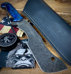 T.M. Hunt Full Custom M18 #690 with Blue Curly Maple Handle with Black Custom Leather Sheath and Forced Patina O1