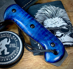 T.M. Hunt Full Custom M18 #690 with Blue Curly Maple Handle with Black Custom Leather Sheath and Forced Patina O1