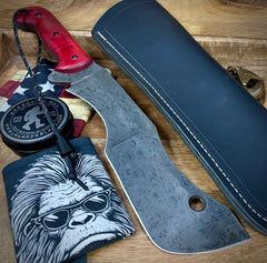 T.M. Hunt Full Custom M18 #692 with Red Curly Maple Handle with Black Custom Leather Sheath and Forced Patina O1