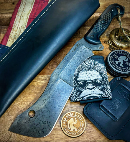 T.M. Hunt Full Custom M18 #694 with Black Rifle Patterned Micarta Handle with Black Custom Leather Sheath and Forced Patina O1
