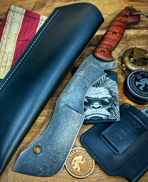 T.M. Hunt Full Custom M18 #698 Orange Curly Maple Handle with Black Custom Leather Sheath and Forced Patina O1
