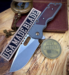 A2D Gen 4 Mark 2  Large Stonewashed Satin Drop Point Rising Grind Magnacut Blade Mint Chocolate Micarta Inlay Greywash Ti on Washers