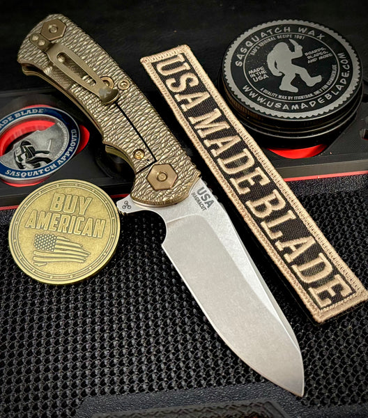 Topo Bronze Project X Sheepsfoot OD Green G10 Customized Bronze Stonewashed Ti with Stonewashed Magnacut Blade Bronzed Out HW and Sasquatched Clip