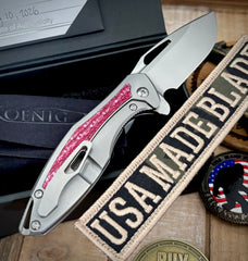 Koenig Mini Arius with M390 Cherry Twill Inlay Brightwash Blade with Polished Flats and Silver Ti Hardware