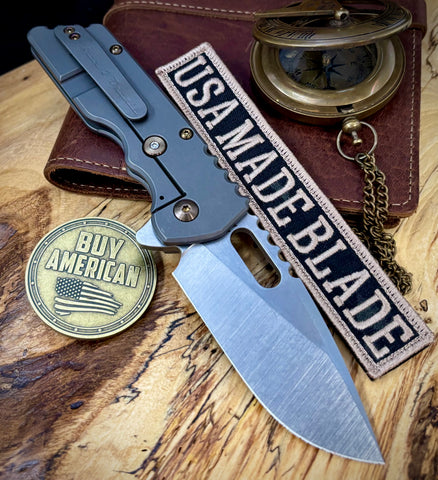 A2D Gen 4 Mark 2  Large Stonewashed Satin Drop Point Rising Grind Magnacut Blade Mint Chocolate Micarta Inlay Greywash Ti on Washers