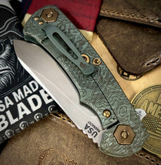 Topo Ammo Can Green Project X Sheepsfoot Translucent Green G10 Customized Working Finish Ti with Stonewashed Magnacut Blade Bronzed Out HW and Sasquatched Clip