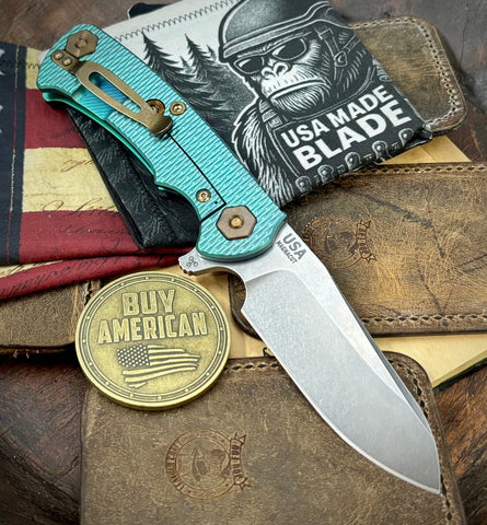 High Res Teal Green Project X Sheepsfoot Blue/Black G10 Customized Stonewashed Ti with Stonewashed Magnacut Blade and Bronzed Out HW