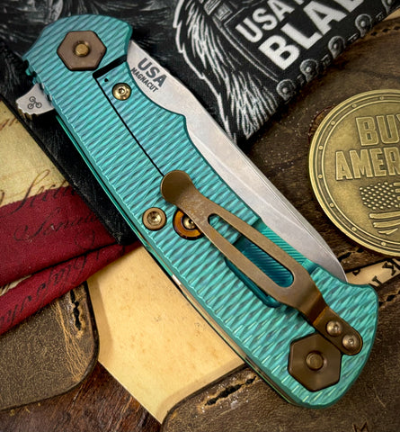 High Res Teal Green Project X Sheepsfoot Blue/Black G10 Customized Stonewashed Ti with Stonewashed Magnacut Blade and Bronzed Out HW