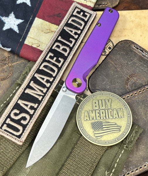 High Res Purple with Bronze Hardware Anodized Tactile Knives Rockwall Thumbstud Ti Liner Lock in Magnacut