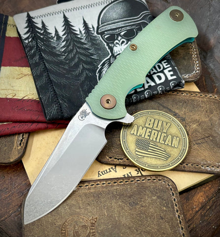High Res Green Project X Sheepsfoot Translucent Green G10 Customized Stonewashed Ti with Stonewashed Magnacut Blade and Bronzed Out HW