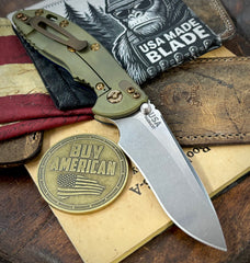 Battle Green Hinderer XM-18 3.5" Recurve Non-flipper Blue/Black G10 Customized Working Finish Ti Stonewashed Magnacut Blade and Bronzed Out HW