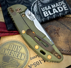 Battle Green Hinderer XM-18 3.5" Recurve Non-flipper Blue/Black G10 Customized Working Finish Ti Stonewashed Magnacut Blade and Bronzed Out HW