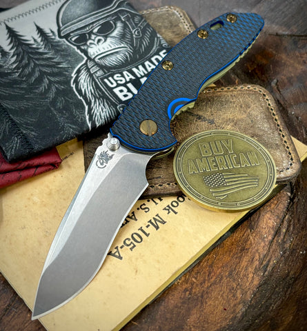 Battle Green Hinderer XM-18 3.5" Recurve Non-flipper Blue/Black G10 Customized Working Finish Ti Stonewashed Magnacut Blade and Bronzed Out HW